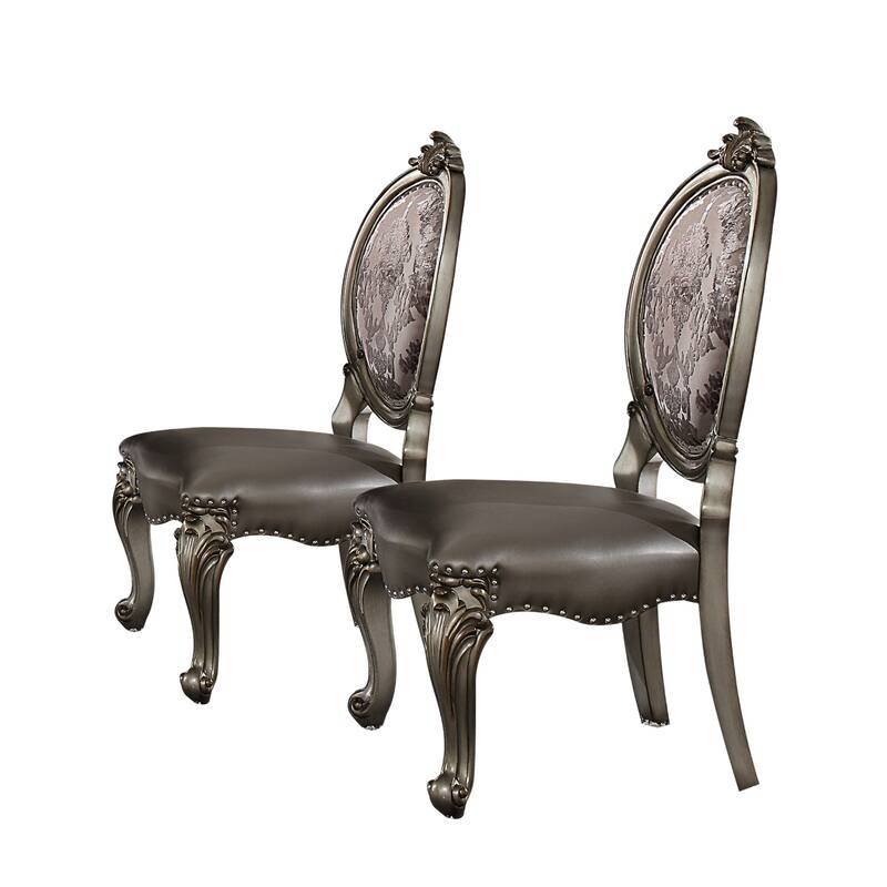 HomeRoots Set of Two Silver and Platinum Upholstered Faux Leather And Solid Wood King Louis Back Dining Side Chairs