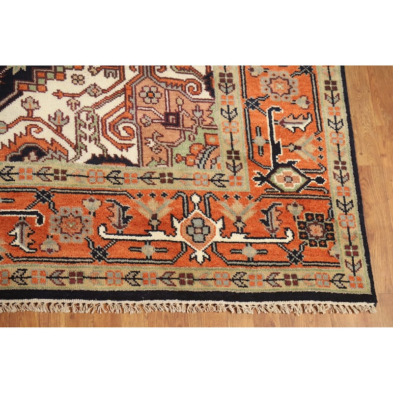 Dark Blue Heriz Serapi Indian Area Rug Hand-Knotted Wool Carpet - 8'11" x 11'11"