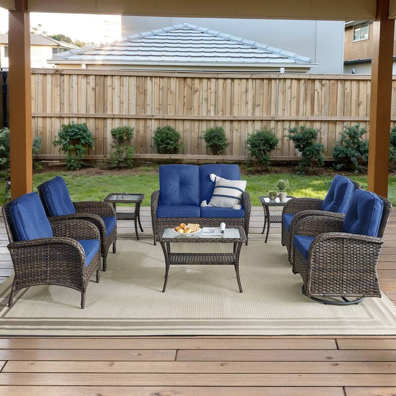 Gymojoy Outdoor Wicker Patio Furniture Loveseat and Chair Set Weather-Resistant - Loveseat Set - Swivel Chairs & Club Chairs - Brown Wicker / Blue Cusion
