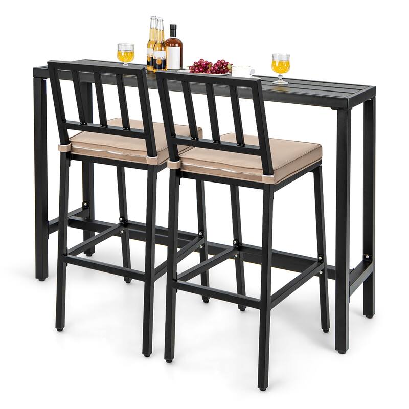 3PCS Patio Dining Table Set Metal Bar Table & Chairs Set with Cushion - Black + Beige