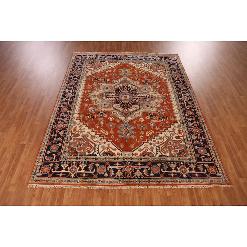 Medallion Heriz Serapi Indian Area Rug Handmade Orange Wool Carpet - 7'10" x 9'9"