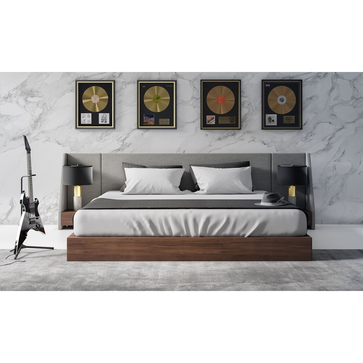 Modrest Janice Modern Grey Fabric and Walnut Eastern King Bed and Nightstands