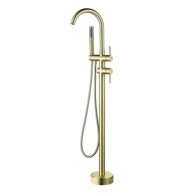 Freestanding Tub Faucet With Hand Shower Bathroom Floor Mounted Tub Filler Double Handle Bathtub Faucets Trim With Sprayer - Brushed Gold