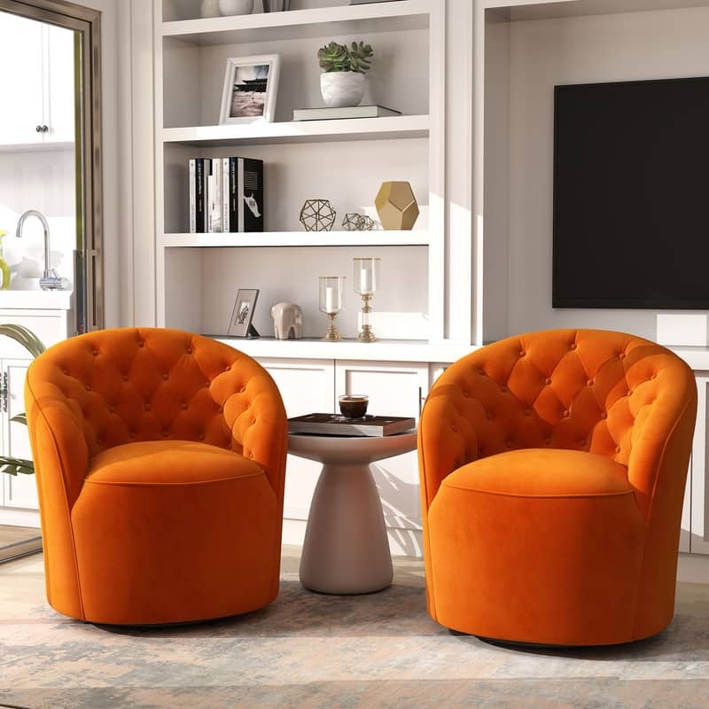 SEYNAR Modern Velvet Upholstered 360 Degree Swivel Barrel Chair with Button Tufted Back Set of 2