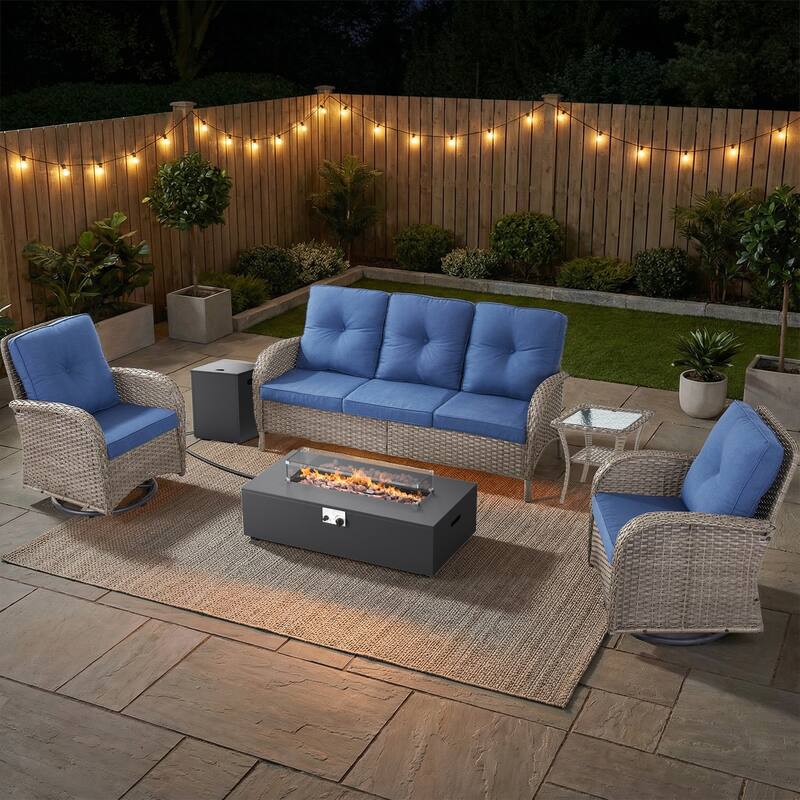 Pocassy Outdoor 5-Piece Sofa Swivel Chair with Fire Pit Table - Gray Wicker Blue Cushion - 5-Piece Sofa Swivel Chair with Fire Pit Table