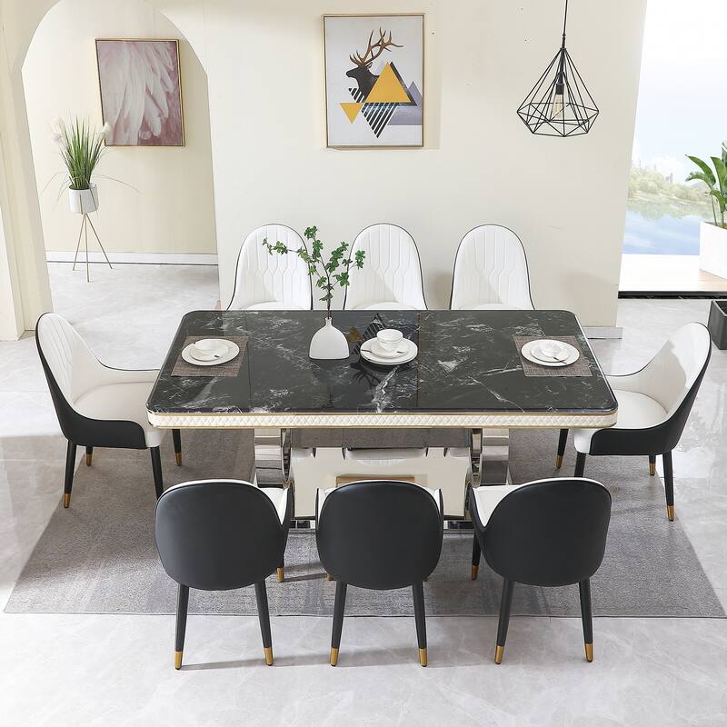 Luxury Modern Dining Table 78.7inch Black Dining Table with 8 chairs Faux Marble Dining Table Top with Dual Circle Bas