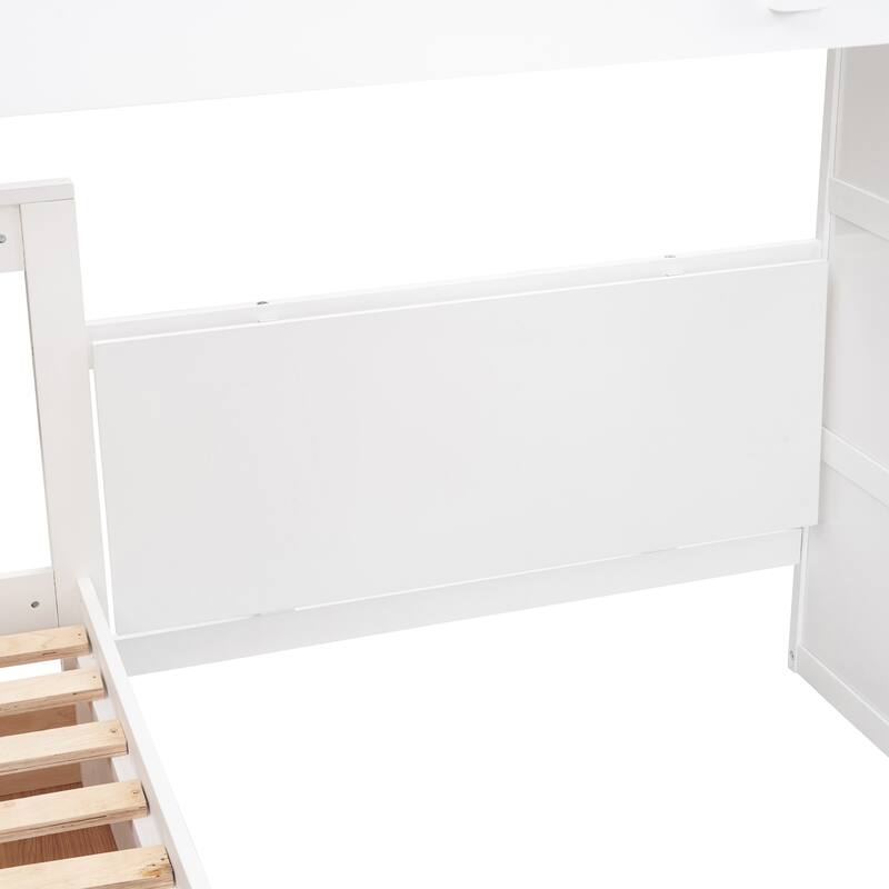 Roomfitters Twin-Twin Over Full L-Shaped Bunk Bed with Desk, Wardrobe and Storage Drawers, Multi-Bed Design