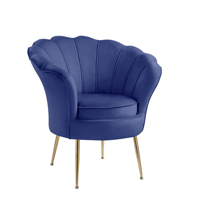 Lotus 34 Inch Barrel Accent Chair with Scalloped Back, Padded, Blue Velvet - Blue