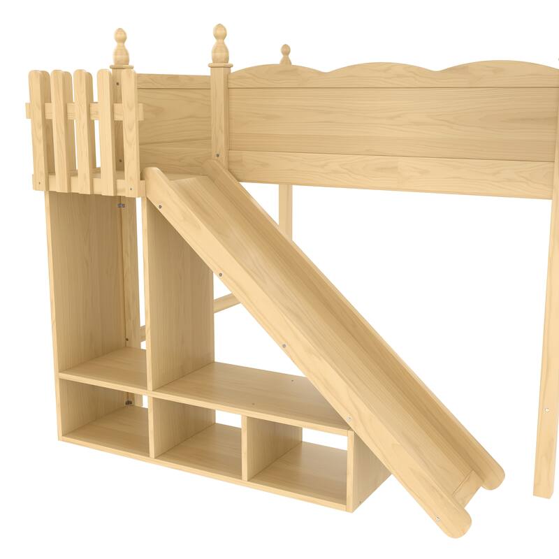 Fun Play Loft Bed for Kids with Open Shelves and Wardrobe, Solid Wood Storage Bed Frame with with Detachable Slide and Ladder