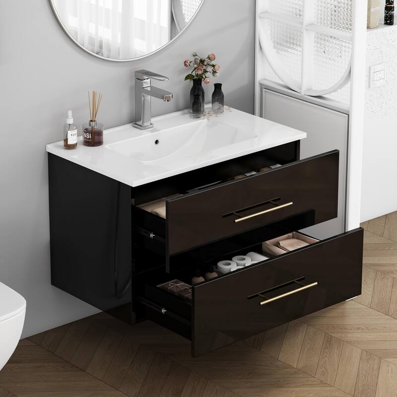 30-Inch Gloss Wall-Mounted Bathroom Vanity with Sink Combo, Double Drawers,Ceramic Sink,Long Metal Handle