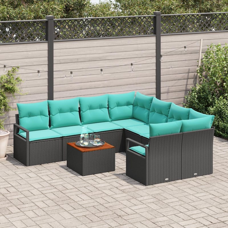 vidaXL 9 Garden Sofa Set with Cushions Black/Grey Poly Rattan - 91.3 x 92.1 x 27.2