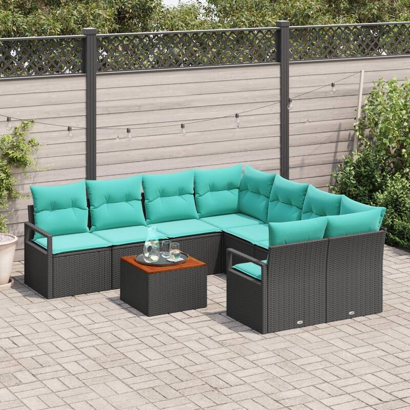 vidaXL 9 Piece Garden Sofa Set with Cushions Black Poly Rattan Acacia - 91.3×92.1×27.2
