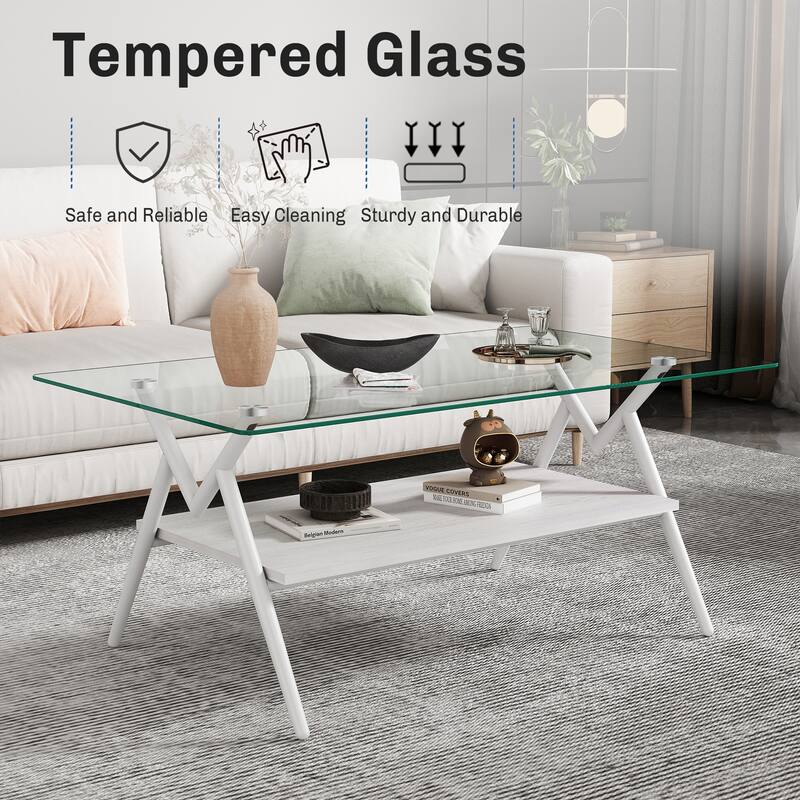 Rectangle Coffee Table with Tempered Glass top and White Metal Legs - N/A