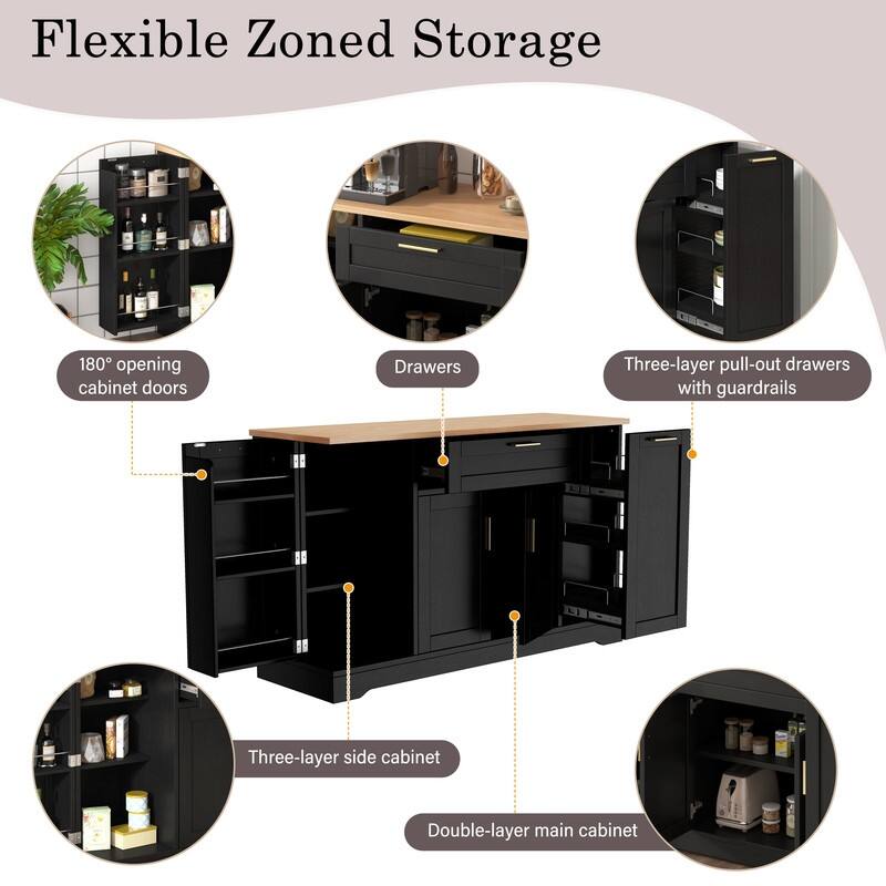 53.7" Kitchen Island Storage with 3-Tier Pull-Out Rack and Adjustable Shelves for Kitchen, Dining Room