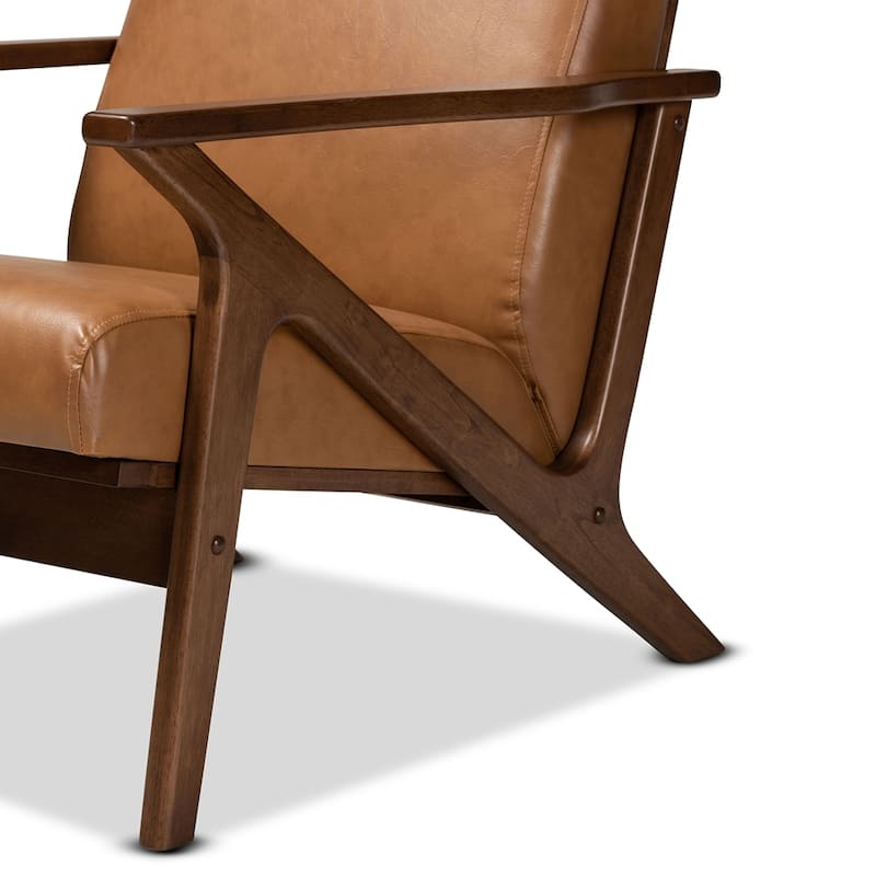 Bianca Mid-Century Modern Walnut Brown Finished Wood and Tan Faux Leather Effect Lounge Chair