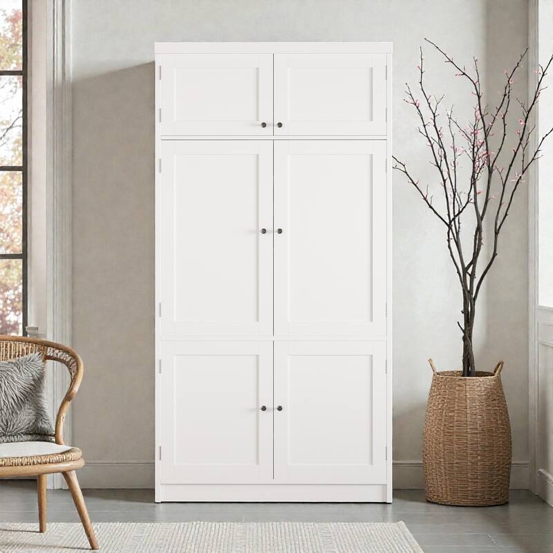 80.1'' Tall Kitchen Pantry Cabinet, Shaker Storage Cupboard w/ Power Outlets, Drawers, Wine Rack, Adjustable Shelves - White