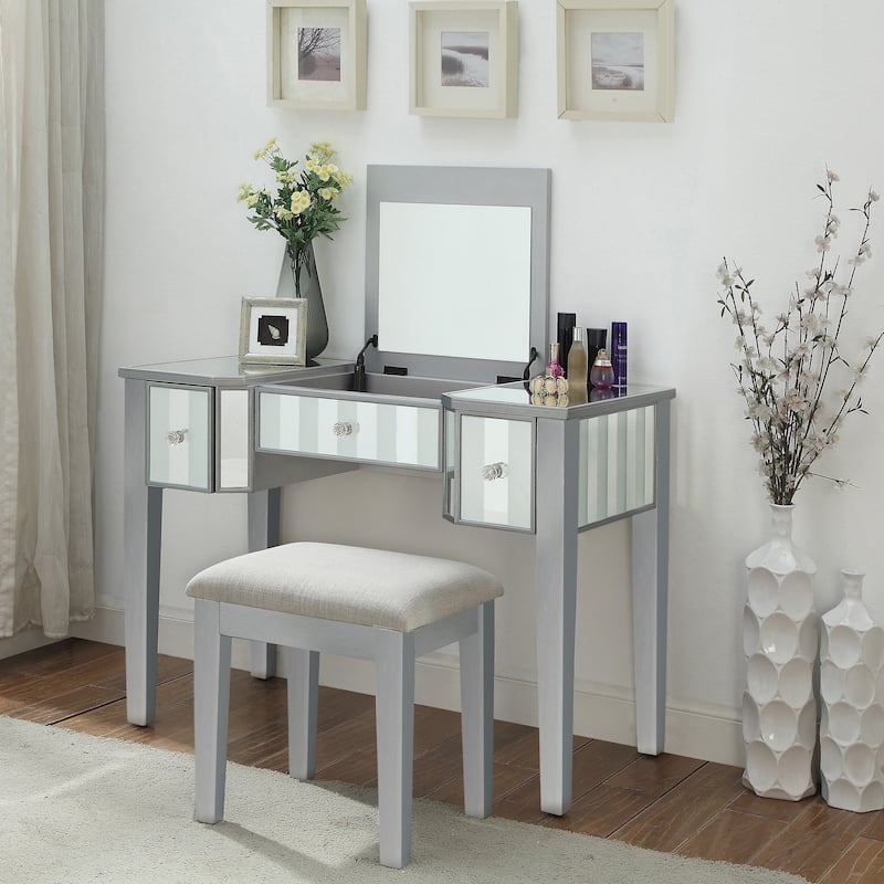Furniture of America Gema Glam Linen Fabric 2-Piece Makeup Vanity Set with Mirror - Silver
