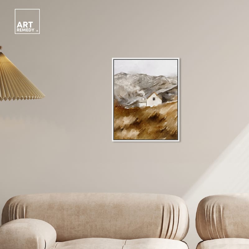 Art Remedy House In The Mountains Framed Landscape 1 Piece Canvas Wall Art Watercolor Style