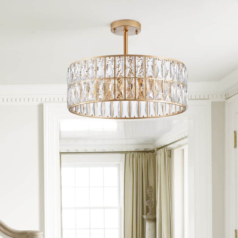 18" Golden Modern Crystal Drum Chandelier, 6-Light Pendant Lighting Fixture with Metal Frame (Bulbs Not Included)