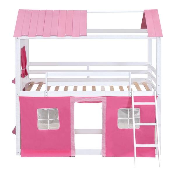 slide 2 of 13, Playhouse Design Impression & Beautiful Twin Size Bunk Wood House Bed with Elegant Windows, Sills and Tent Pink+White
