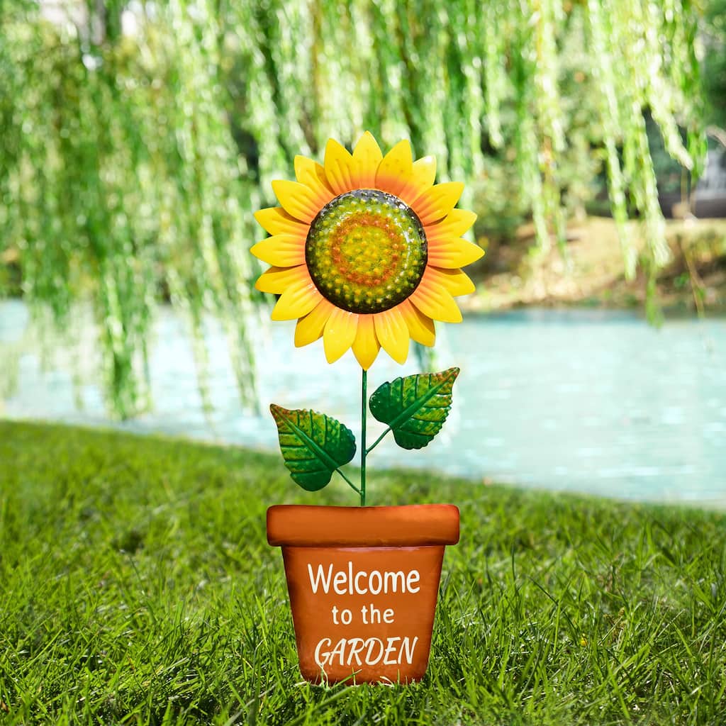 Glitzhome 36"H Metal Sunflower Yard Stake with Welcome to the Garden Word Sign