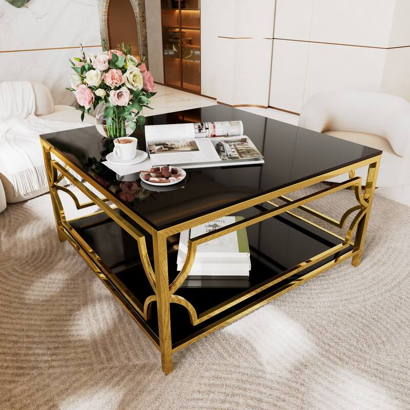 33.5" Square Glass Coffee Table, Modern Metal Frame Table with Tempered Glass Top & Lower Shelf, Luxury Living Room Accent Table