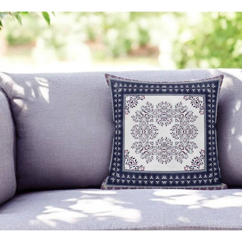 HomeRoots 20" X 20" Cream And Blue Blown Seam Geometric Indoor Outdoor Throw Pillow - 20.00' X '5.00' X '20.00 - Cream - 20.00' X '5.00' X '20.00