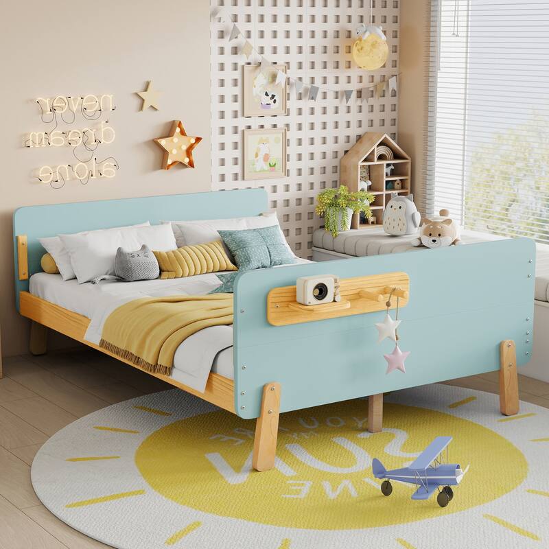 Kids Wood Platform Bed with Guardrails, Bottle Holder and 2 Hanging Rod, Convertible Toddler Daybed, Low Profile Design Frame