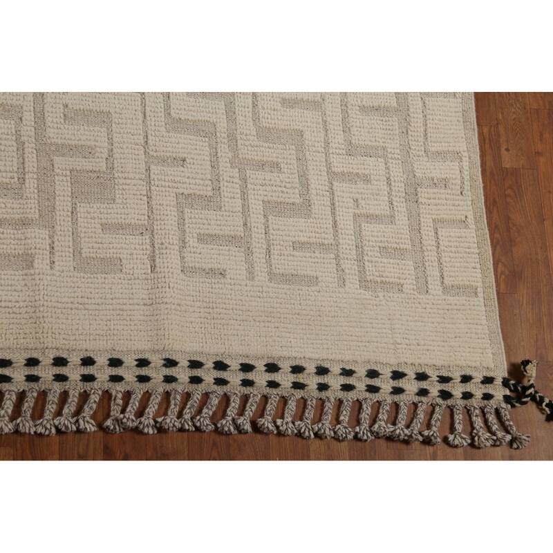 All-Over Ivory Moroccan Oriental Large Rug Hand-Knotted Wool Carpet - 10'5"x 14'9"