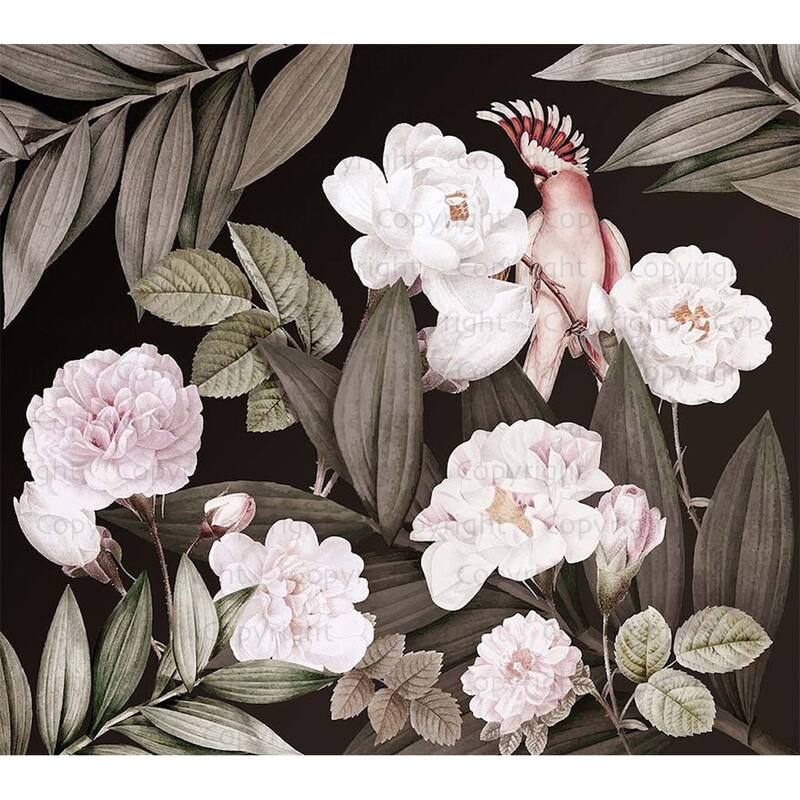 Exotic Flowers Night Garden Wallpaper Mural Tropical Bird - Brown - W:122" x H:110"