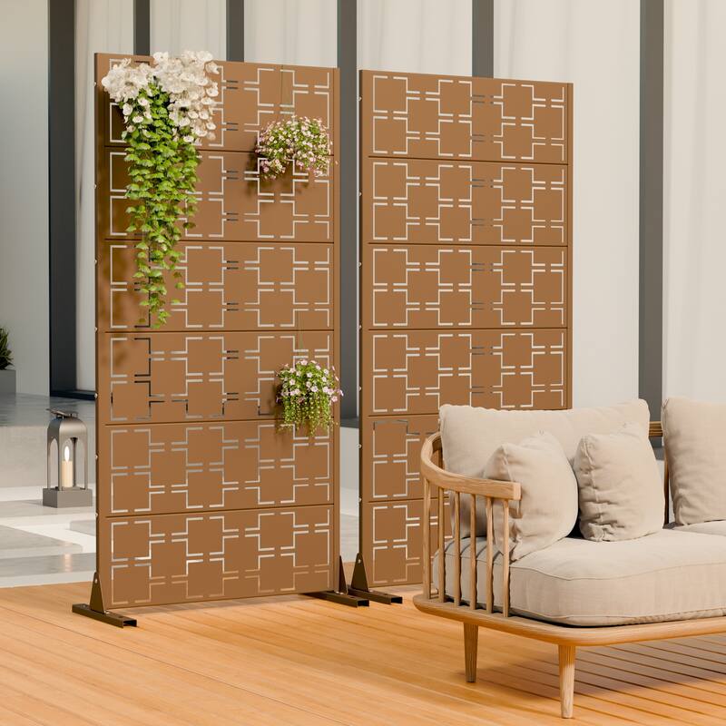 Outdoor Freestanding Metal Privacy Screen Decorative Garden Fence Set of 2