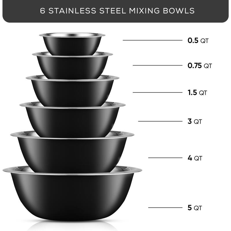 JoyJolt Stainless Steel Food Kitchen Mixing Bowl - Set of 6 - .5QT .75QT 1.5 QT 3QT 4QT 5QT