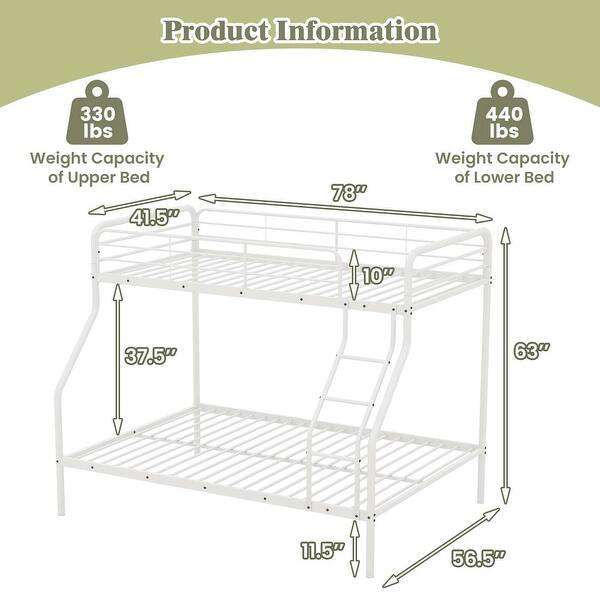 Twin Over Full Bunk Bed Heavy-Duty Metal Bunk Bed w/ Guardrail &Ladder