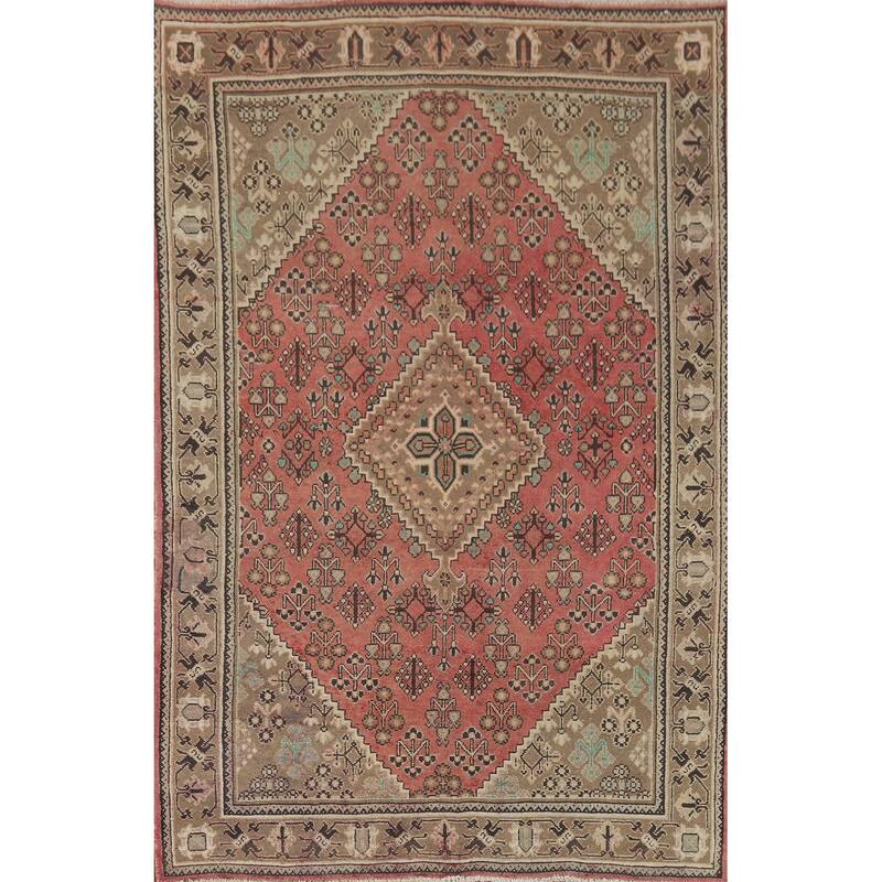 Pink Geometric Joshaghan Persian Vintage Area Rug Handmade Wool Carpet - 4'6" x 7'4"