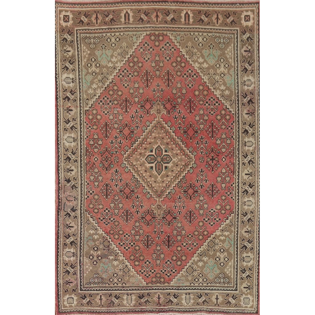 Pink Geometric Joshaghan Persian Vintage Area Rug Handmade Wool Carpet - 4'6" x 7'4"