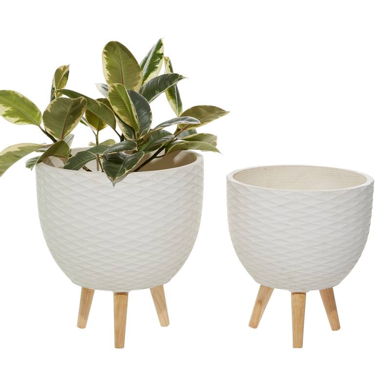 White or Gray Ceramic Indoor Outdoor Planter with Wood Legs (Set of 2)
