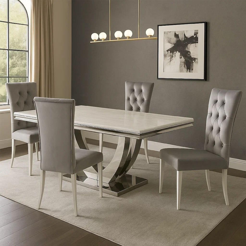 Kery 5pc Dining Table Set, Modern Gray Faux Marble Top, 4 Side Chairs