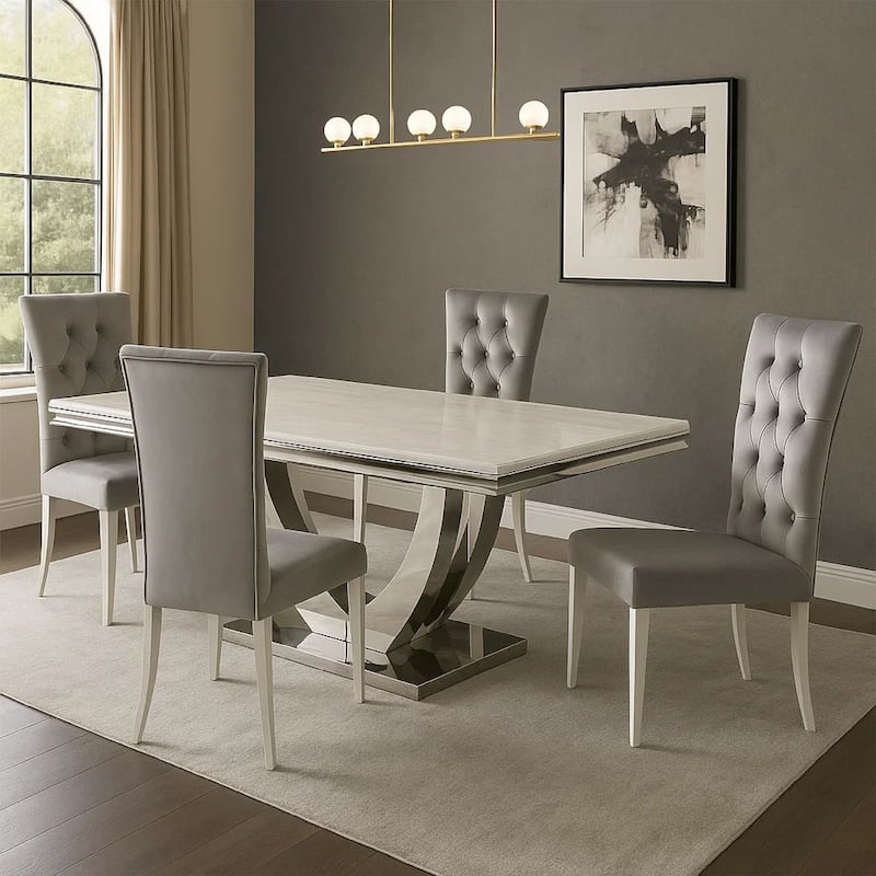 Kery 5pc Dining Table Set, Modern Gray Faux Marble Top, 4 Side Chairs