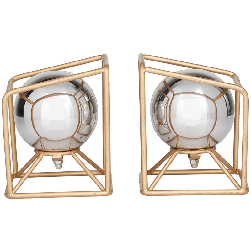 Silver Stainless Steel Orb Geometric Bookends with Gold Base - 5.10W x 5.15 L x 5.85H