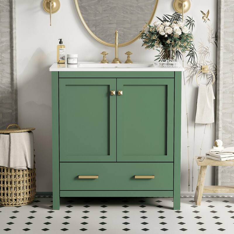 30 Inch Freestanding Bathroom Vanity with Rectangular Ceramic Sink, Two Doors, and Storage Drawer - Elegant Finish