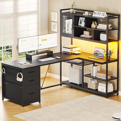 L Shaped Computer Desk 58'' Office Desk with 3 Drawers and Bookshelf