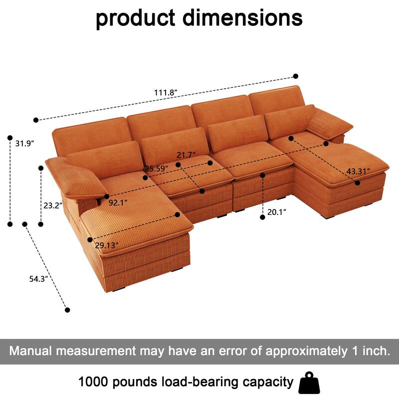 111.8" U-Shaped Cloud Sectional, 4-Seater Corduroy Upholstered Sectional with Recliner and Cushions