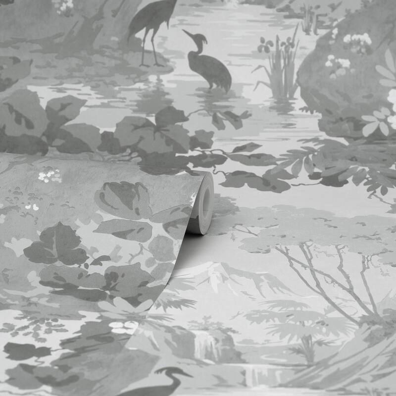 Brewster Eden Grey Crane Lagoon Wallpaper