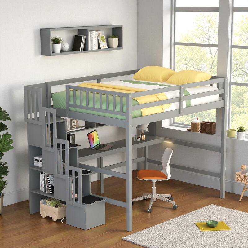 Full Size Wooden Loft Bed with Desk, Storage Shelves, and Staircase, Solid Pine Frame with Guardrails