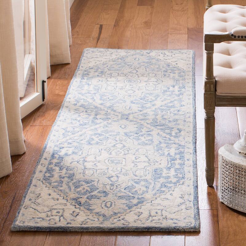 SAFAVIEH Handmade Micro-Loop Gulseven Medallion Wool Rug - 2'3" x 13' Runner - Blue/Ivory