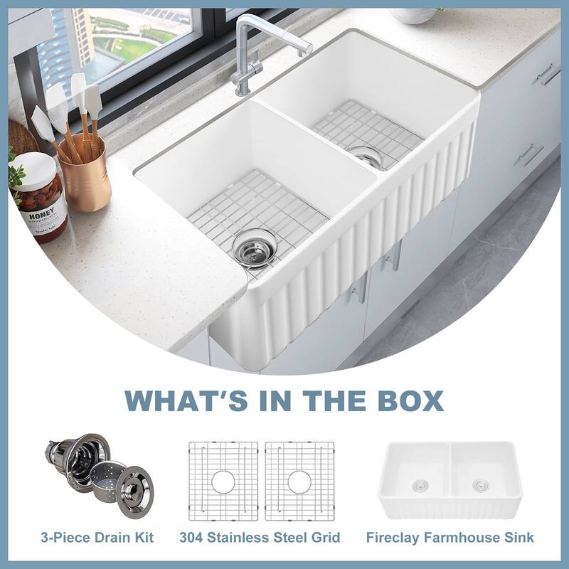 HOROW 33 in. Farmhouse/Apron-Front 50/50 Double Bowl White Fireclay Kitchen Sink with Bottom Grid and Strainer