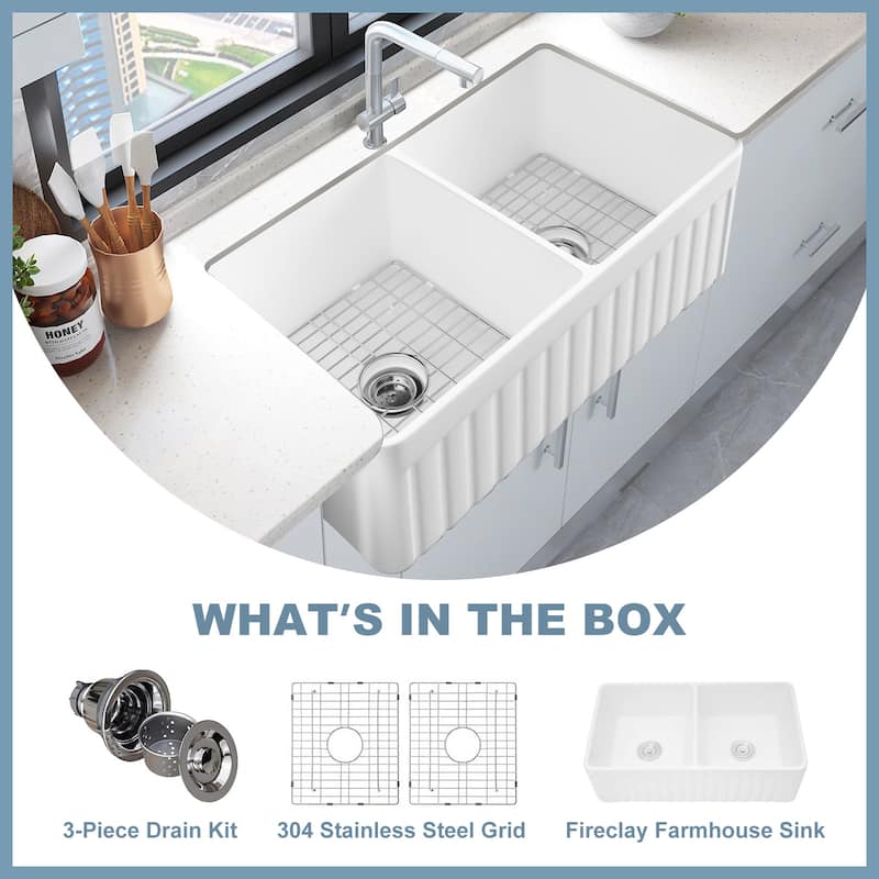 HOROW White Fireclay 33 in. Double Bowl Farmhouse Apron Kitchen Sink Workstation Kitchen Sink with Bottom Grid