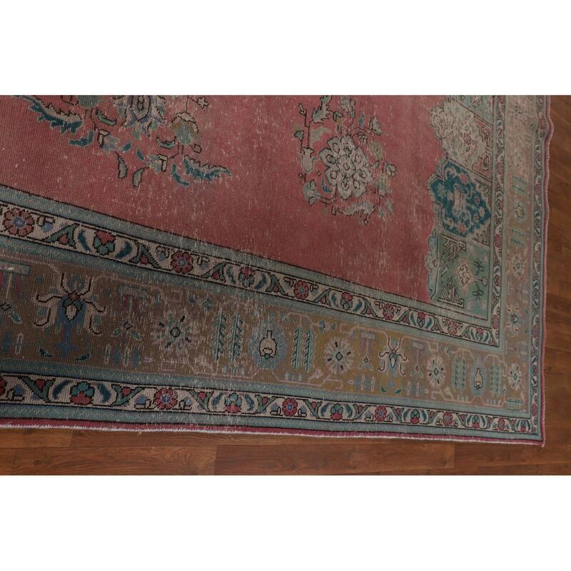 Pink Distressed Tabriz Persian Antique Rug Hand-Knotted Wool Carpet - 9'6" x 12'8"