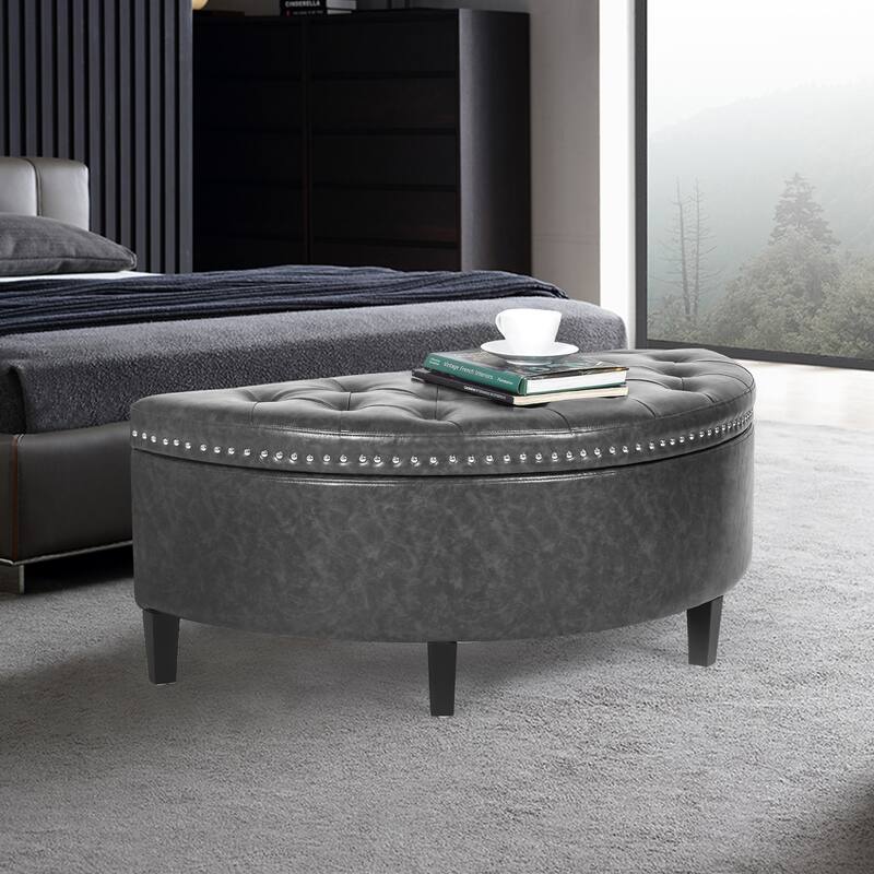 Adeco Half Moon Tufted Storage Ottoman Bench