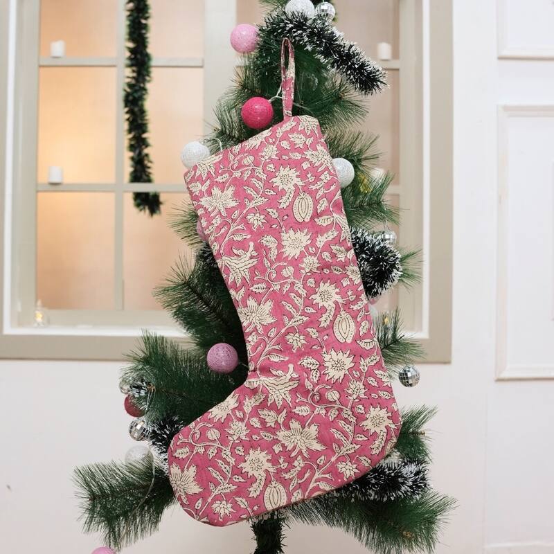 Fabdivine Linen or Cotton Hand Block Home Decorative Christmas Stockings - 16"X6.5"